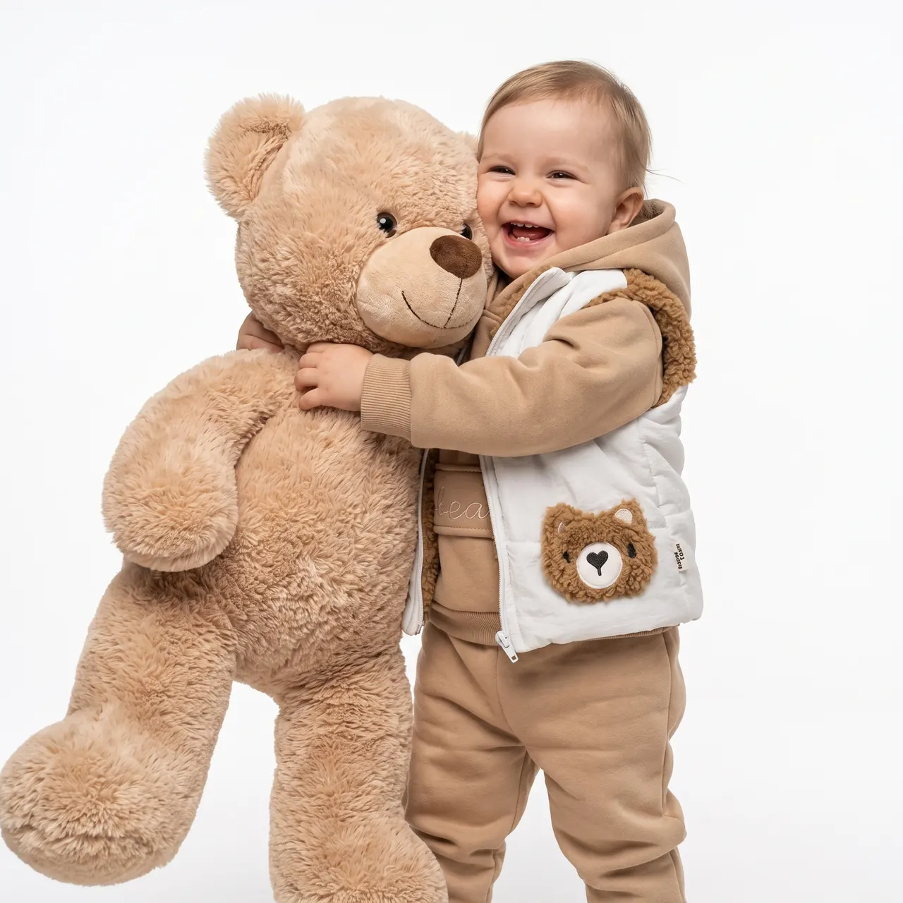 Ayıcıklı takım giyen çocuk ve peluş ayı konsept sahnesi
