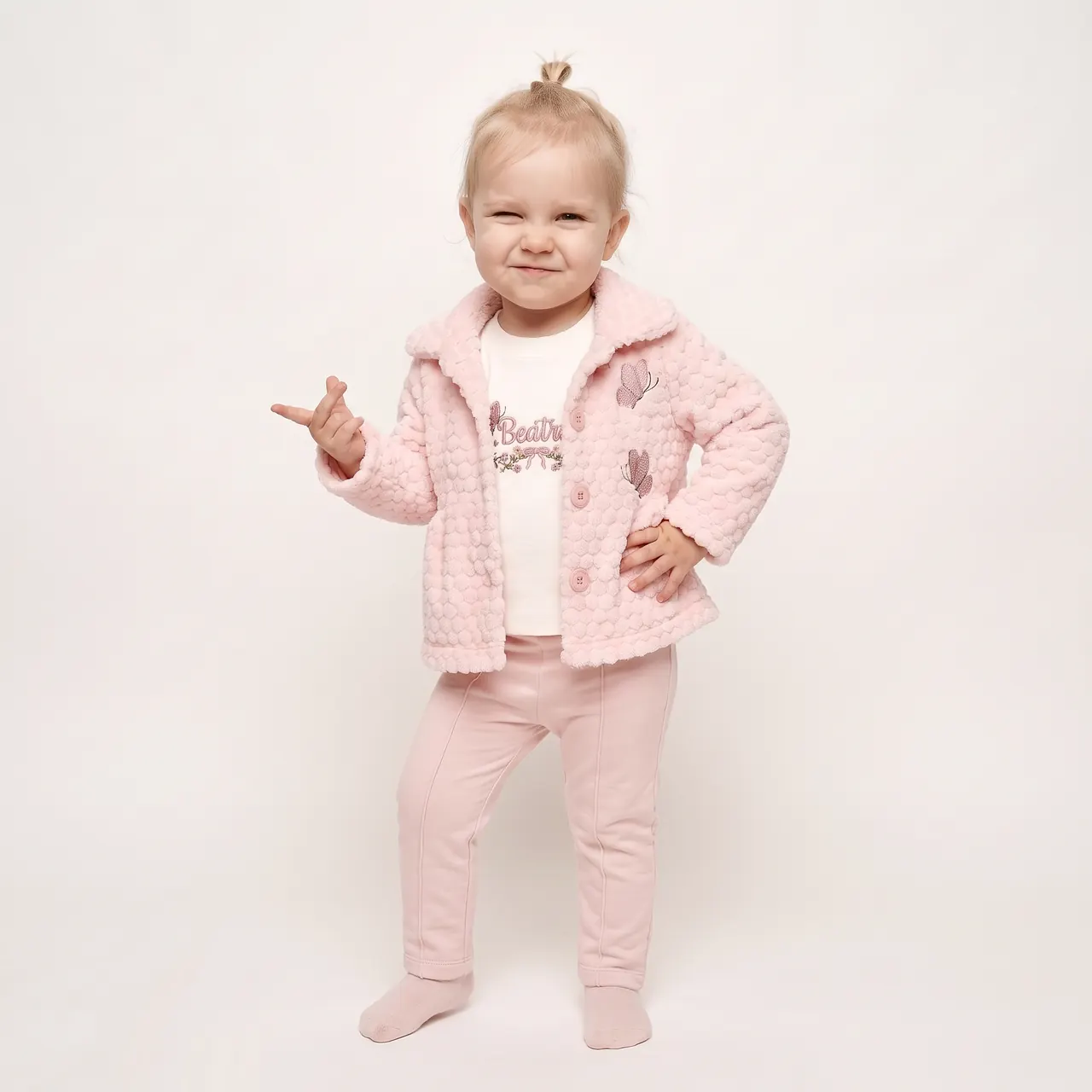 Pembe ceket ve pantolonla dijital bebek modeli