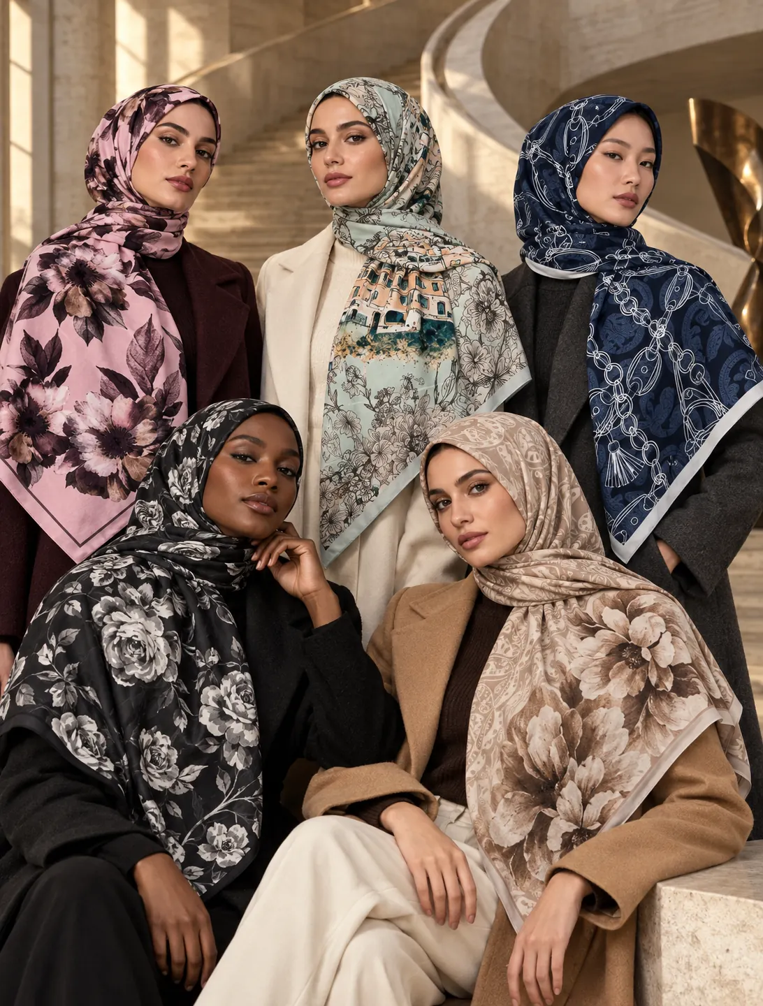Desenli eşarplı kadın modellerin moda görsel kolajı