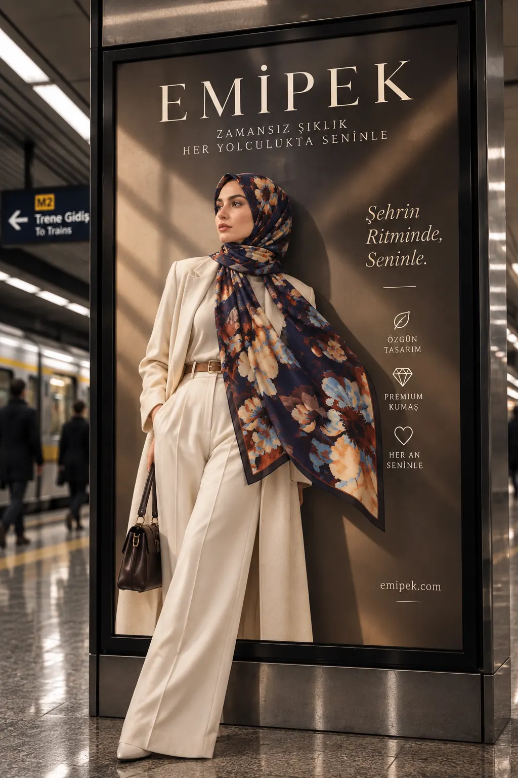 EMİPEK yazılı açık hava afişi önünde eşarplı moda modeli