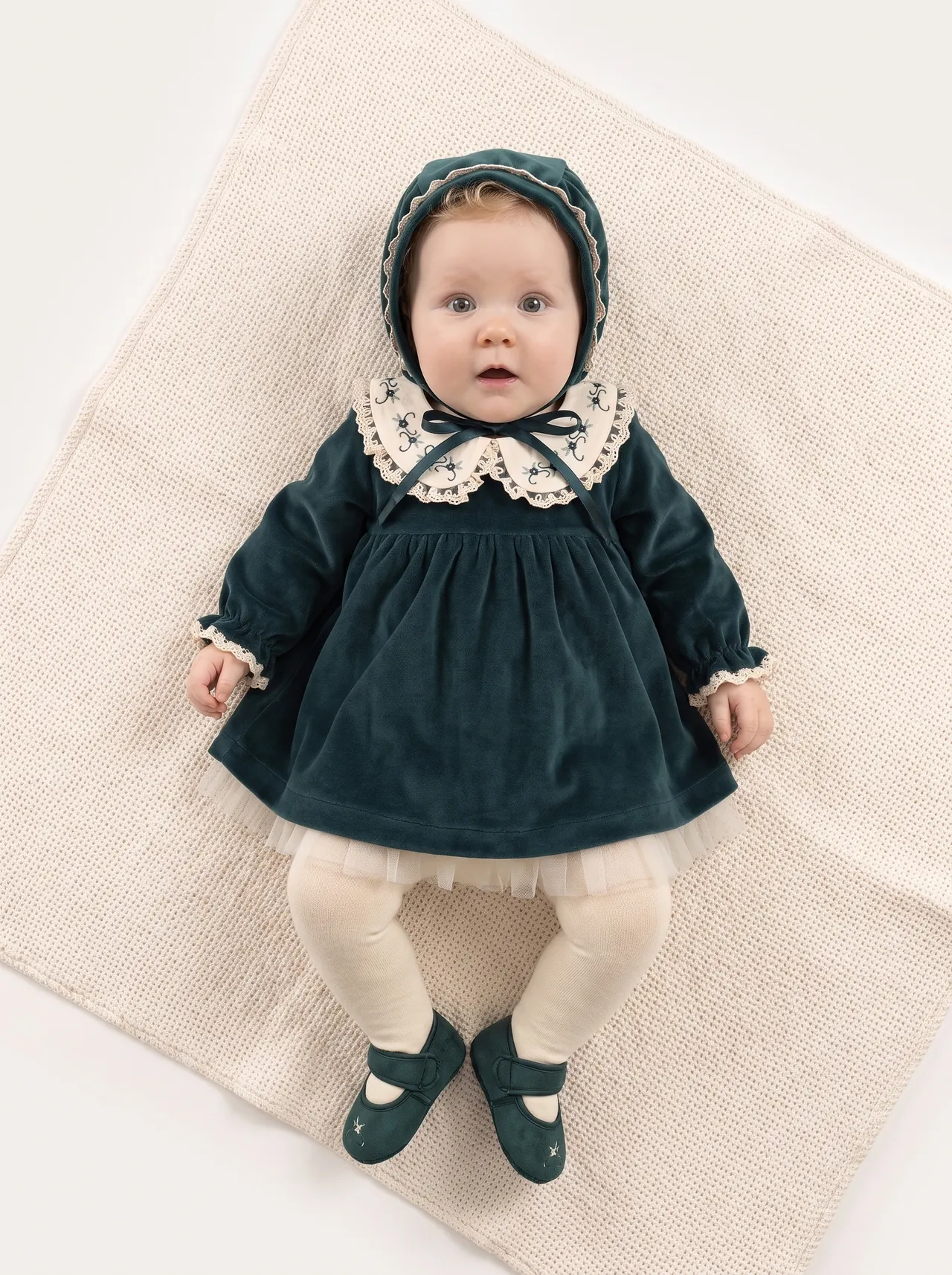 Koyu yeşil elbiseyle dijital bebek modeli