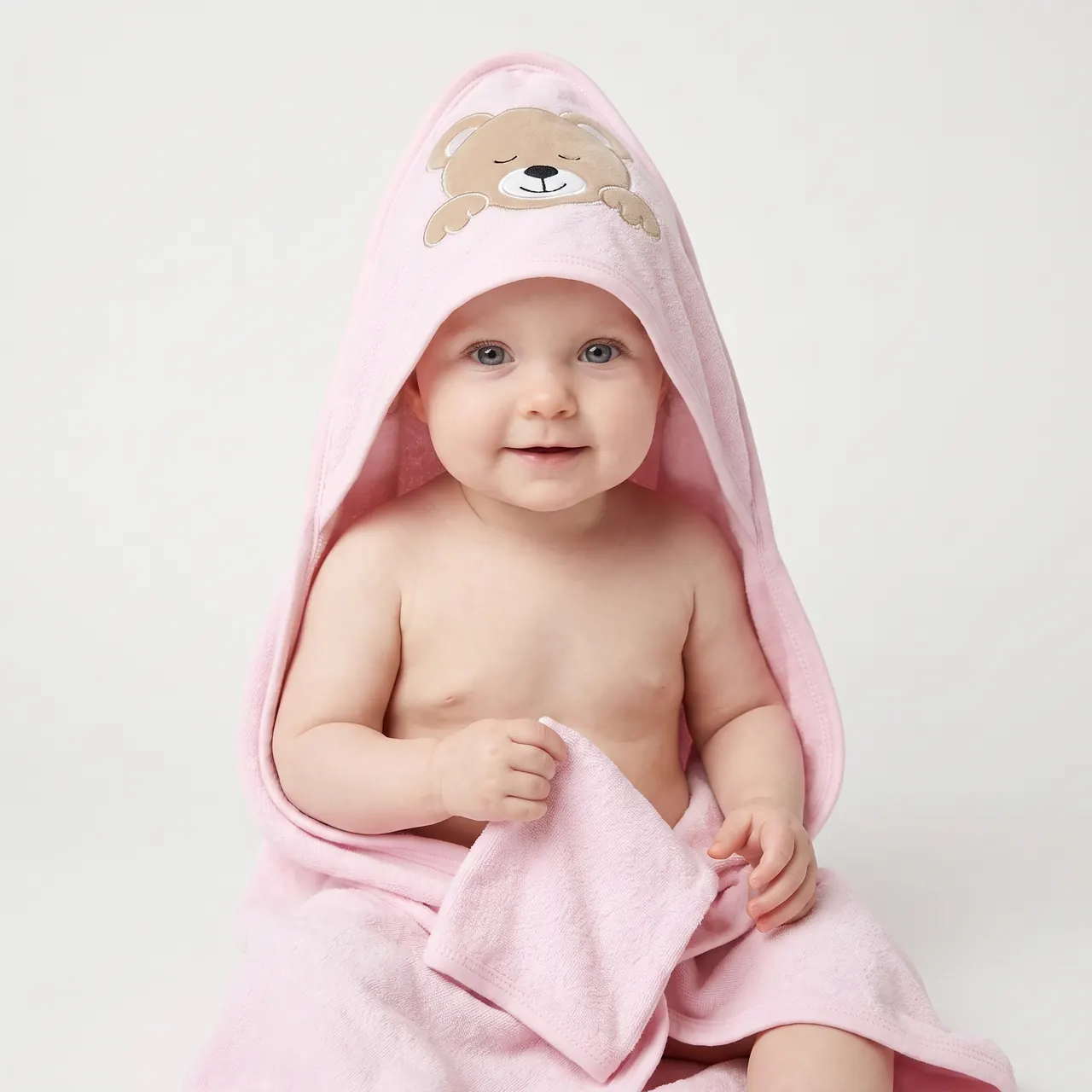 Pembe kapüşonlu bebek havlusuyla dijital bebek modeli