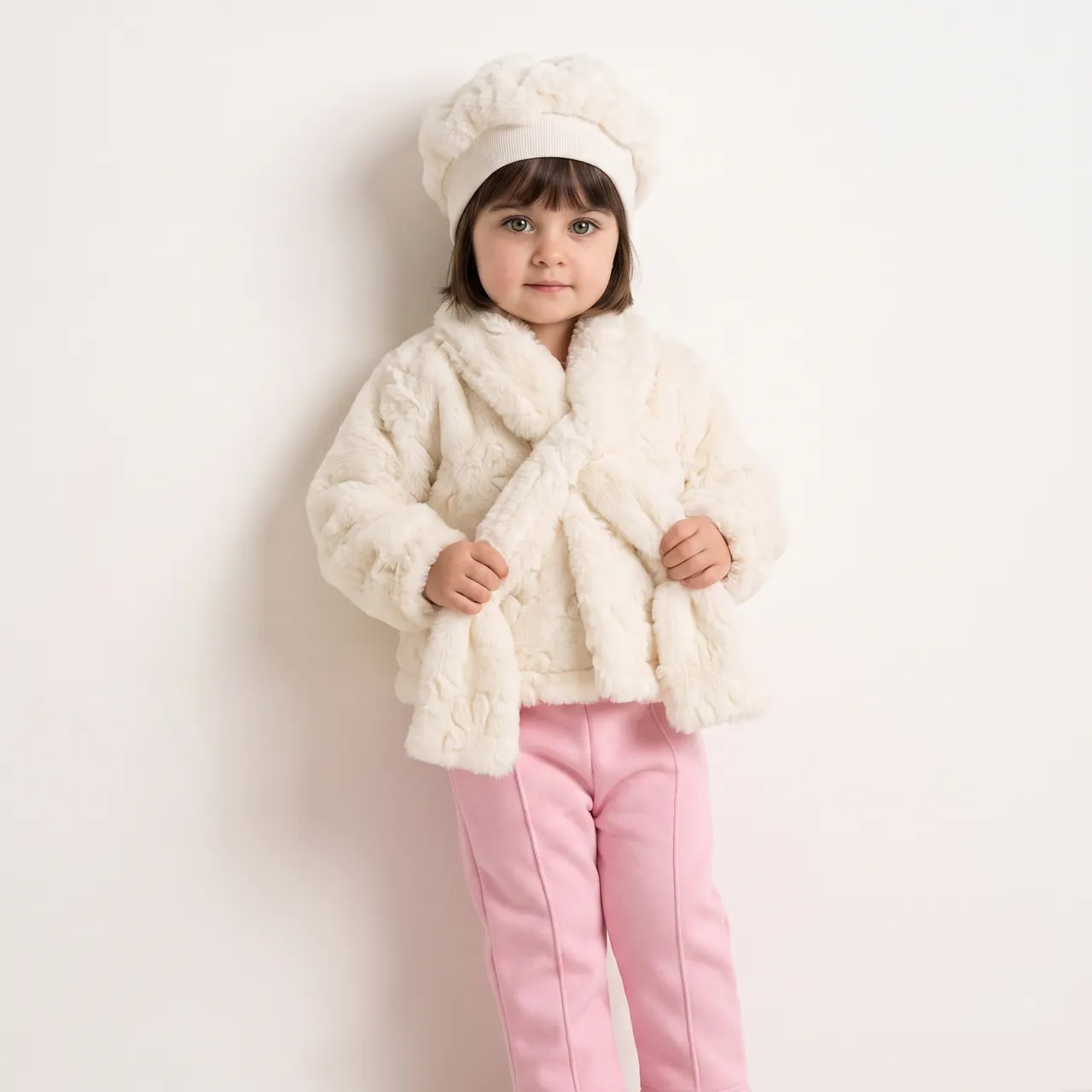 Krem ceket ve pembe pantolonlu dijital kız çocuk modeli