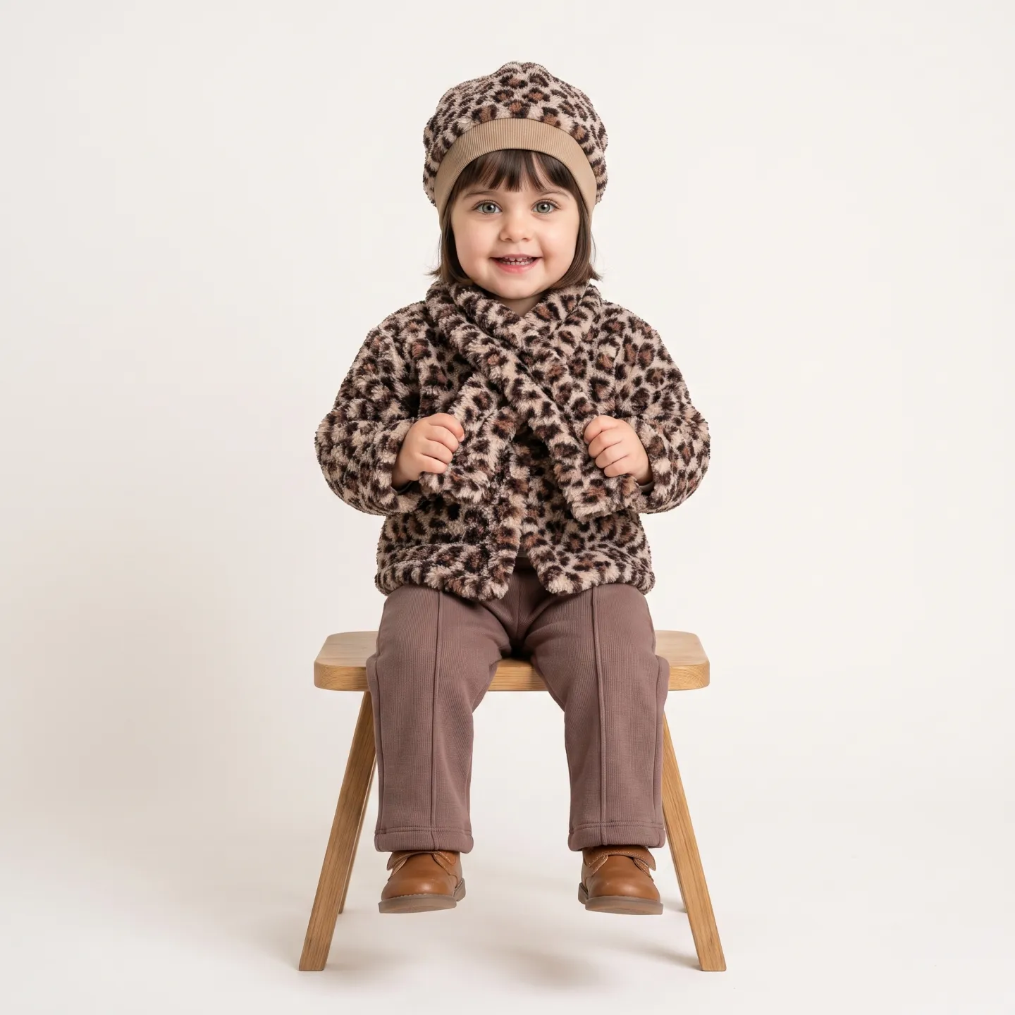 Leopar desenli ceket ve bere giyen dijital kız çocuk modeli