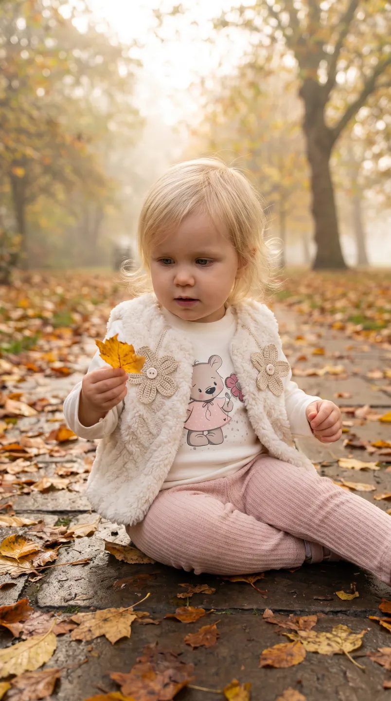Sonbahar parkında krem yelek ve pembe pantolon giyen dijital çocuk modeli